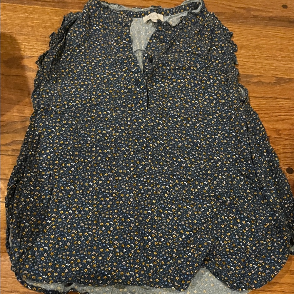 Loft Floral Ruffle Henley Shell in Riviera Blue